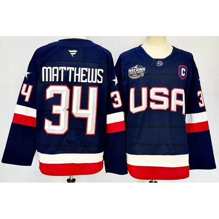 Youth USA #34 Auston Matthews Navy 2025 With C Patch 4 Nations Face-Off Stitched Jersey