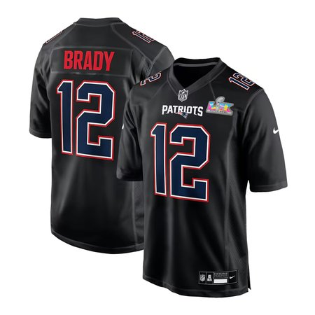 Youth New England Patriots #12 Tom Brady Black Super Bowl LX Patch Carbon Fashion Game Jersey