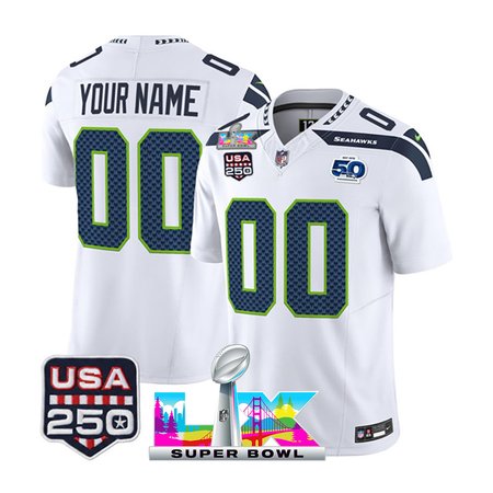 Men's Seattle Seahawks Custom White Super Bowl LX Patch 50th Season & USA 250' Patch Vapor F.U.S.E. Limited Jersey