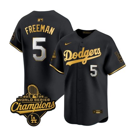 Youth Los Angeles Dodgers #5 Freddie Freeman Nike Black Golden 2025 World Series Champions Home Limited Jersey