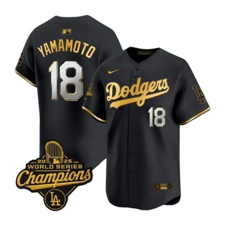 Youth Los Angeles Dodgers #18 Yoshinobu Yamamoto Nike Black Golden 2025 World Series Champions Home Limited Jersey