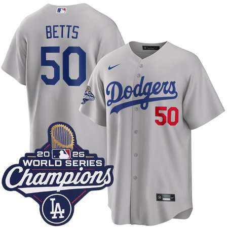 Youth Los Angeles Dodgers #50 Mookie Betts Nike Gray 2025 World Series Champions Home Limited Jersey